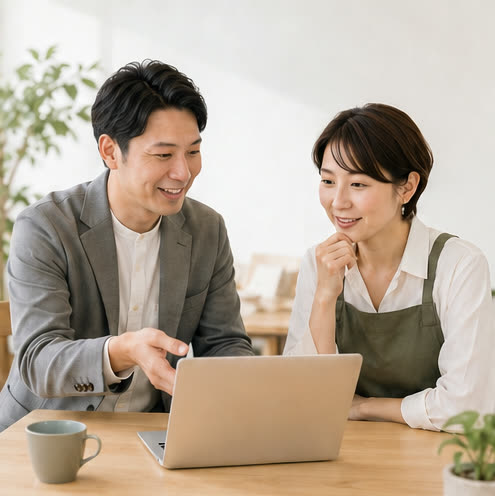 店内でノートPCを見ながら相談する場面