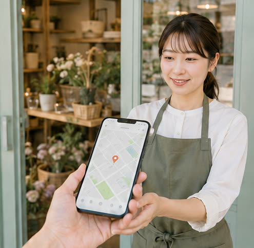 スマートフォンの地図画面と小規模店舗