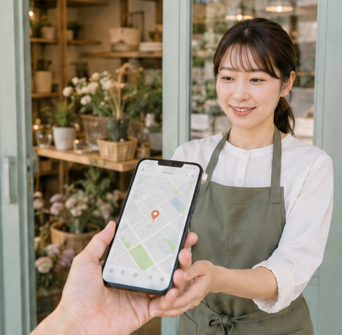スマートフォンの地図画面と小規模店舗