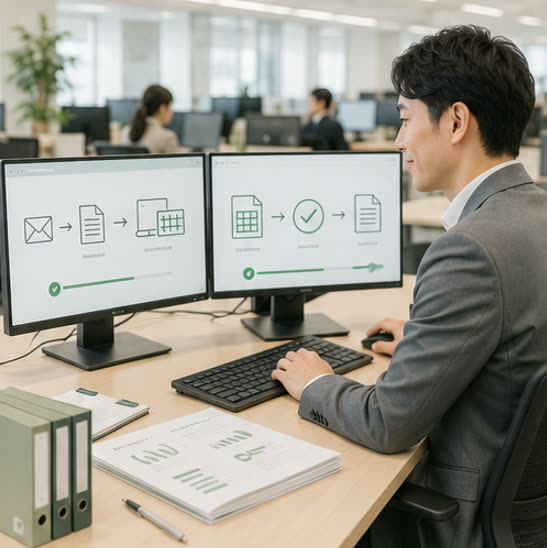 バックオフィスで書類とPCを使う場面