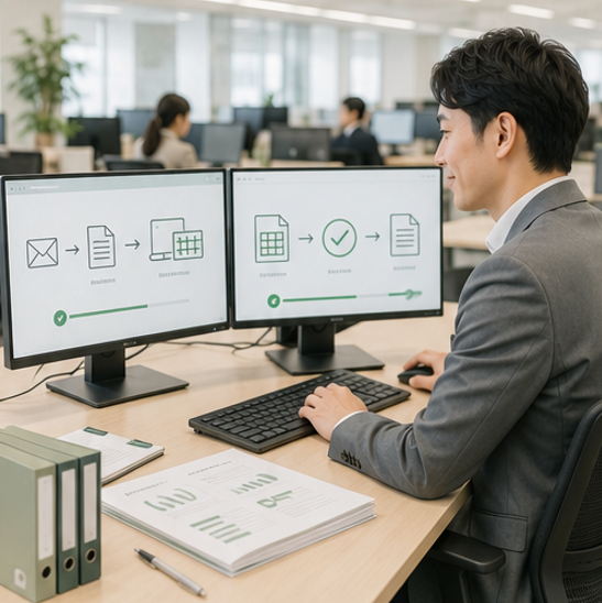 バックオフィスで書類とPCを使う場面