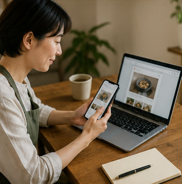 スマホとPCでSNS投稿を作成する場面