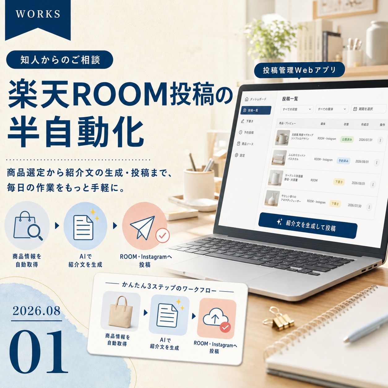 楽天ROOM投稿の半自動化アプリの管理画面
